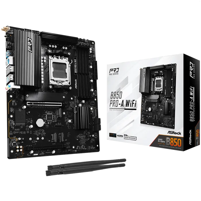 Дънна платка ASRock B850 Pro-A WiFi, AM5, DDR5 8000+ OC, PCIe 5.0, 4 x M.2, Wi-Fi 6E, ATX
