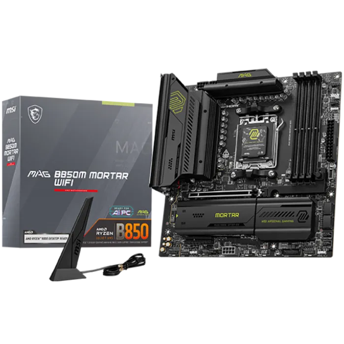 Дънна платка MSI MAG B850M MORTAR WIFI, AMD B850, AM5, mATX, DDR5 8200+ OC, PCIe 5.0, 3x M.2, Wi-Fi 7, 5G LAN