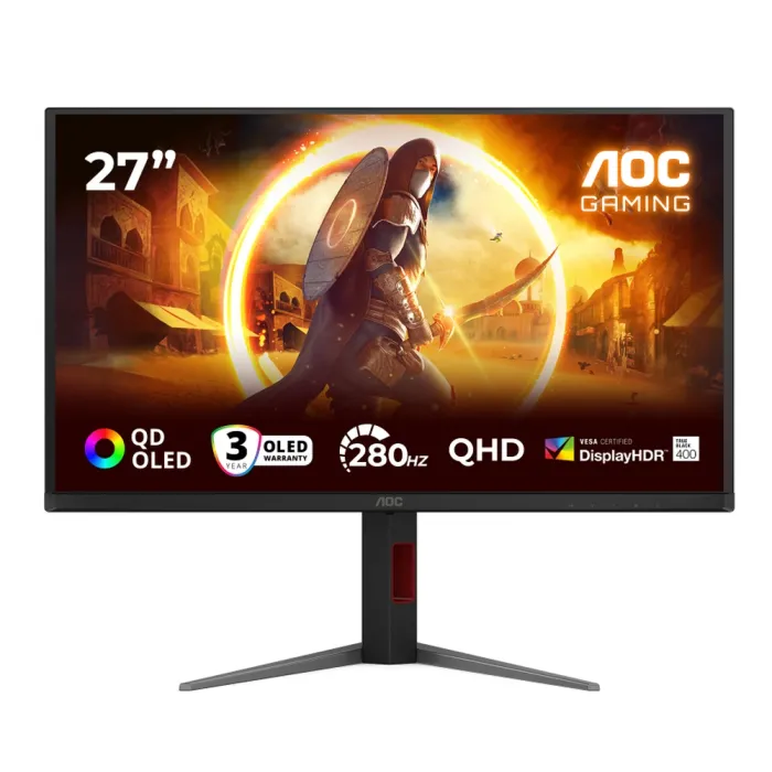 Геймърски монитор AOC Q27G4ZD, 27″, QD-OLED, QHD 2560x1440, 280Hz, 0.03ms, Adaptive-Sync, 4x USB-A хъб