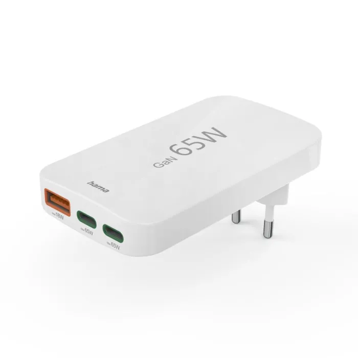 HAMA Бързо мини зарядно, 65W, 2x USB-C, 1x USB-A, PD, плоско, бяло