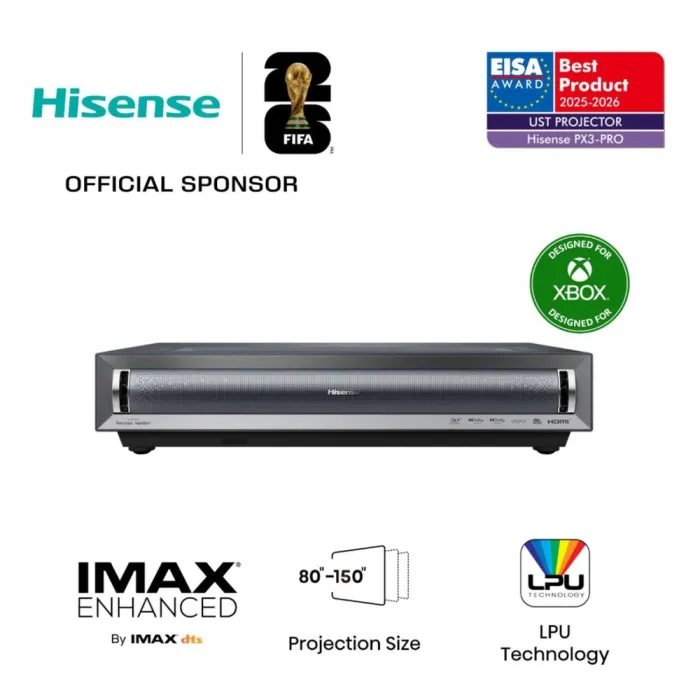 Лазерен ултракороткофокусен 4K проектор HISENSE PX3-PRO, 3000 lm, 3840x2160, контраст 3000:1, 3x HDMI, Wi-Fi и Bluetooth, черен