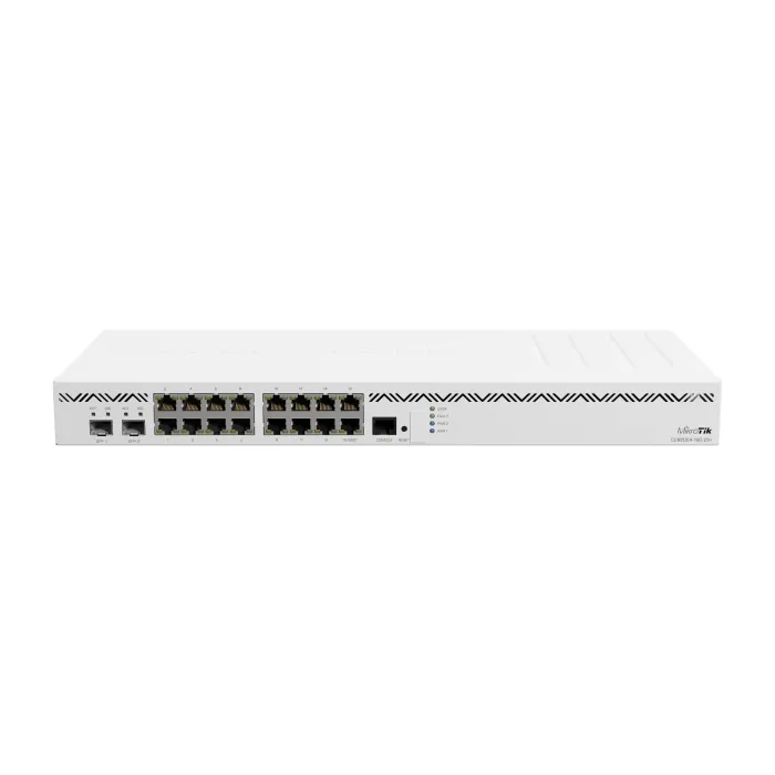 Кабелен рутер MikroTik CCR2004-16G-2S+, 16 x Gigabit Ethernet порта, 2 x SFP+ 10G порта, 4-ядрен 1,7 GHz ARM 64-bit процесор, 4 GB DDR4, RouterOS v7, rackmount 1U
