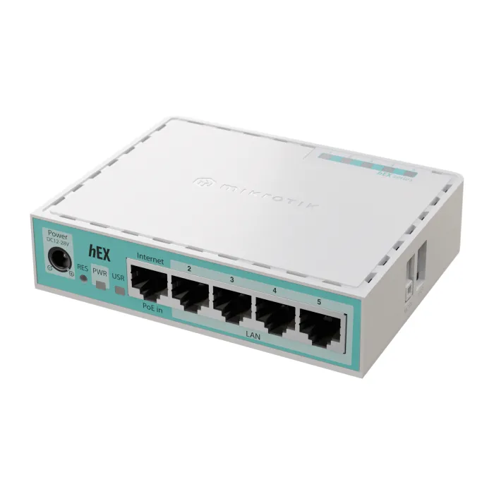 Кабелен рутер MikroTik hEX, двуядрен 950 MHz, 5 x Gigabit Ethernet, USB 2.0, RouterOS v7, бял