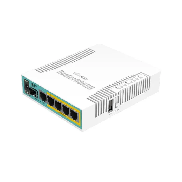 Кабелен Gigabit Ethernet рутер MikroTik hEX PoE RB960PGS, 5x Gigabit Ethernet, SFP, пасивен и 802.3af/at PoE изход, RouterOS Level 4, 128 MB RAM, бял