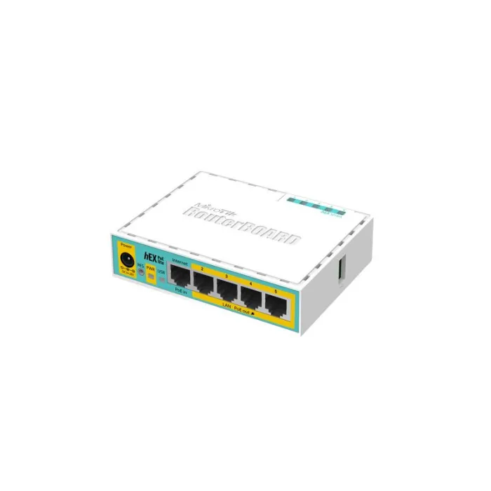 Кабелен рутер MikroTik hEX PoE lite (RB750UPr2), 5 x 10/100 Mbps, пасивен PoE вход и PoE изход на портове 2–5, USB 2.0, RouterOS ниво 4, бял