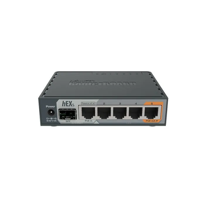 Кабелен гигабитов рутер MikroTik hEX S RB760iGS, 5 x Gigabit Ethernet, SFP слот, пасивен PoE вход и изход, USB 2.0, RouterOS, черен
