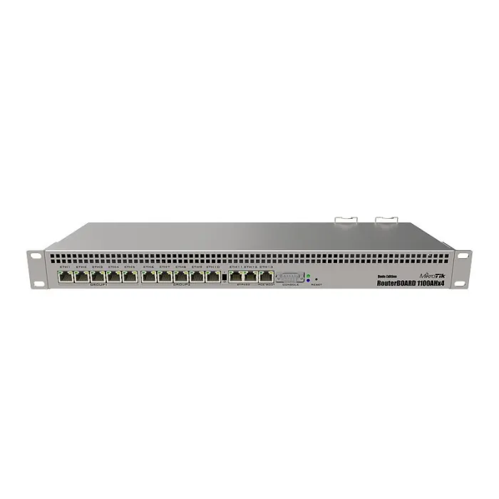 Кабелен рутер MikroTik RB1100AHx4 Dude Edition, 1U rackmount, 13 x Gigabit Ethernet, 4-ядрен 1.4 GHz процесор, 1 GB RAM, включен 60 GB M.2 SATA 3 диск, хардуерно IPsec ускорение, RouterOS Level 6