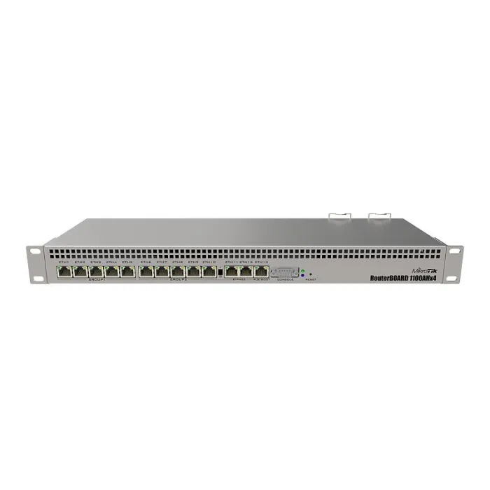 Кабелен рутер MikroTik RB1100AHx4, 13 x Gigabit Ethernet, 4-ядрен процесор 1,4 GHz, 1 GB RAM, RouterOS Level 6, монтаж в 1U рак шкаф