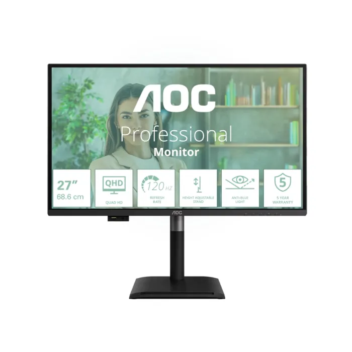 Монитор AOC Q27P4U, 27″ IPS, QHD 2560x1440, 120Hz, 4ms, Adaptive-Sync, USB хъб, 2x2W стерео говорители, регулируема височина