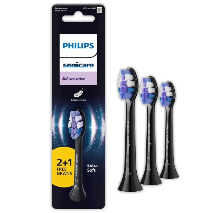 Сменяеми глави за електрическа четка за зъби PHILIPS Sonicare S2 Sensitive HX6053/88, комплект 3 бр., екстра меки влакна, черни, Click-on, съвместими с Philips Sonicare
