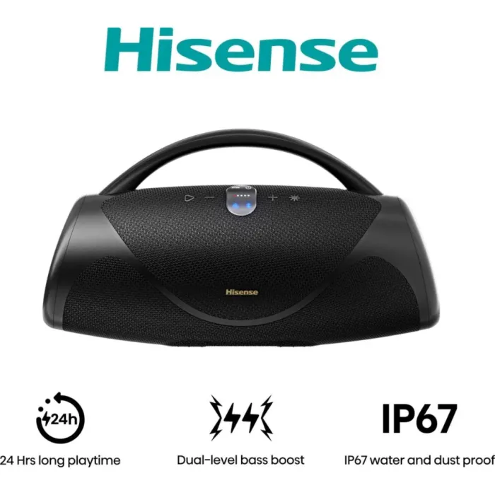 Преносима парти тонколона HISENSE VoyageBoom, 2.0 канала, 360 W, Bluetooth 6.0, IP67, до 24 часа възпроизвеждане, вграден powerbank, двустепенно усилване на басите, черна
