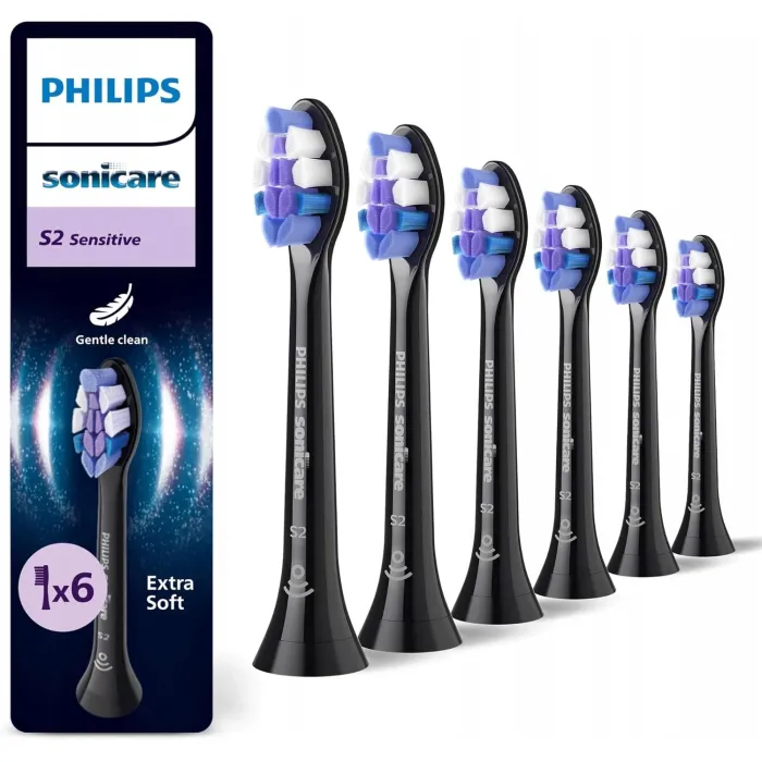 Резервни глави за електрическа четка за зъби Philips Sonicare S2 Sensitive HX6056/88, 6 броя, черни, екстра меки влакна, Click-on, интелигентно разпознаване, за деликатно почистване