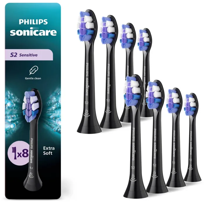 Резервни глави за електрическа четка за зъби Philips Sonicare S2 Sensitive HX6058/88, комплект 8 броя, изключително меки влакна, Click-on, BrushSync, бели