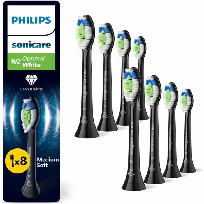 Сменяеми глави за електрическа четка за зъби PHILIPS Sonicare HX6068/88, W2 Optimal White, 8 броя, черни, средно меки влакна, Click-on, за Philips Sonicare