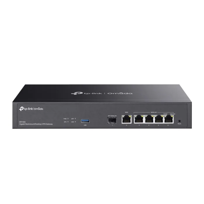 Кабелен гигабитов VPN рутер TP-Link ER7406, Omada, 1× SFP WAN/LAN, 1× WAN и 4× WAN/LAN, USB 3.0, до 5 WAN порта, безжична мрежа: няма