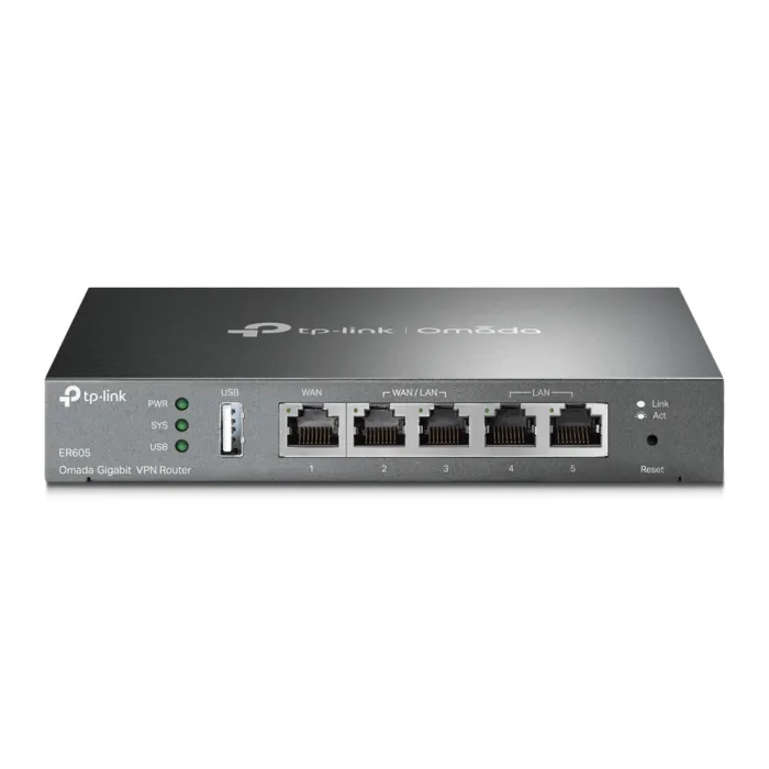 Кабелен VPN рутер TP-LINK Omada ER605, Gigabit Ethernet, 1 WAN + 2 LAN + 2 WAN/LAN порта, USB 2.0 за LTE модем, IPsec/OpenVPN/WireGuard, метален корпус