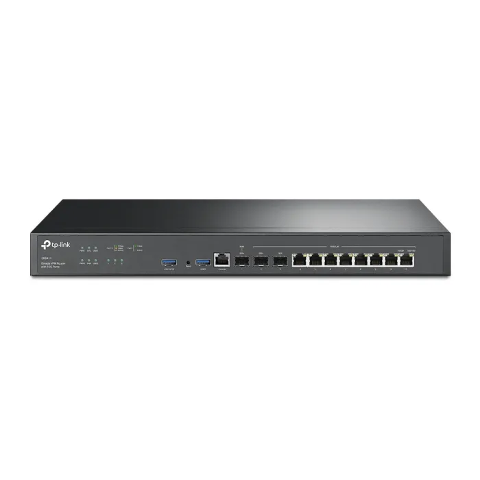 Кабелен VPN рутер TP-LINK ER8411 Omada, 2× 10G SFP+, 8× Gigabit RJ45 WAN/LAN, NAT до 10 Gbps, монтаж в мрежова стойка, черен
