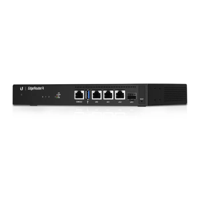 Кабелен гигабитов рутер UBIQUITI EdgeRouter 4 ER-4, 3 x Gigabit Ethernet RJ45, 1 x SFP 1 Gbps, 4-ядрен MIPS64 1 GHz, 1 GB DDR3 RAM, черен