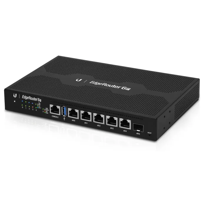 Кабелен гигабитов рутер UBIQUITI EdgeRouter 6P (ER-6P), 5 x Gigabit Ethernet, 1 x SFP, 5 x 24V пасивен PoE, пропускателна способност 6 Gbps, без вентилатор, метален корпус
