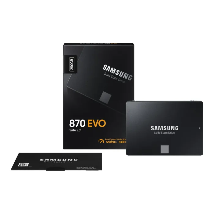 Вътрешен SSD диск SAMSUNG 870 EVO, 250GB, SATA III, 2.5 инча, скорост на четене 560MB/s, скорост на запис 530MB/s