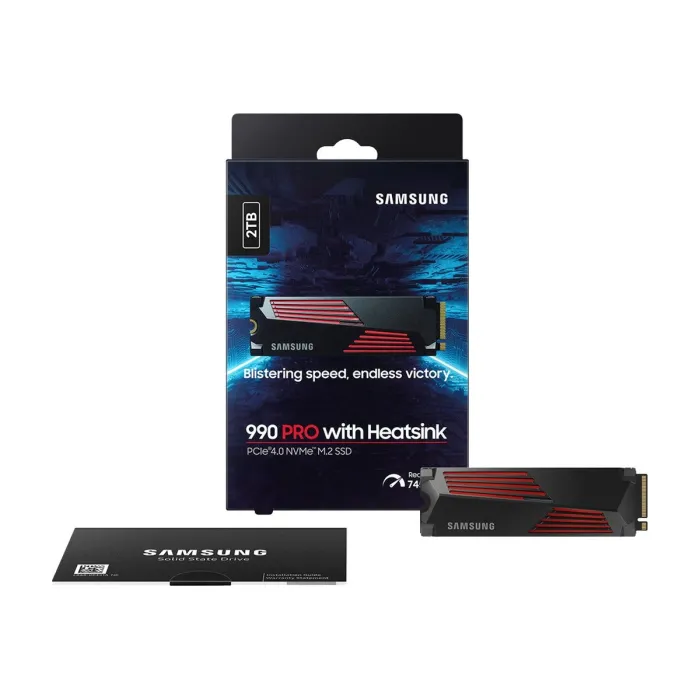Вътрешен SSD SAMSUNG 990 PRO, 2TB, M.2 NVMe, PCIe 4.0, с радиатор, до 7.450 MB/s четене, до 6.900 MB/s запис