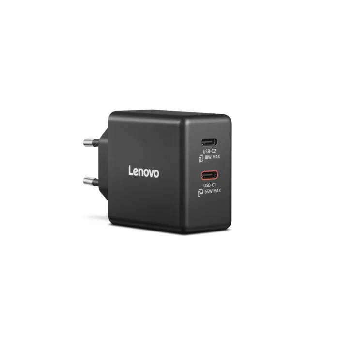 Зарядно устройство LENOVO Dual USB-C 65W GaN Charger, 65 W, 2 x USB-C, за лаптопи и други устройства, черно